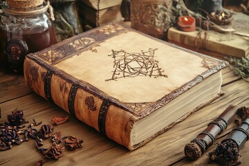 Antique book on wooden table with decorations.