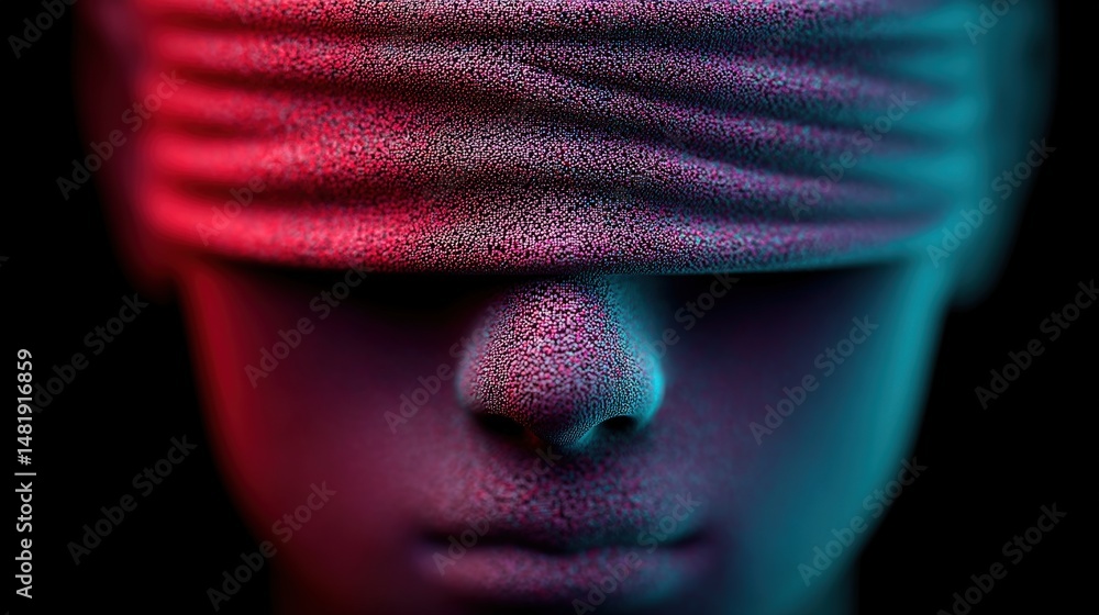 Poster ai-generated representation of a faceless figure wrapped in cloth with a textured surface reflecting
