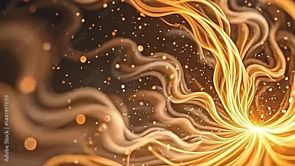 Aufkleber and dynamic visual scene dominated swirling golden-yellow flames that emanate from central point cre