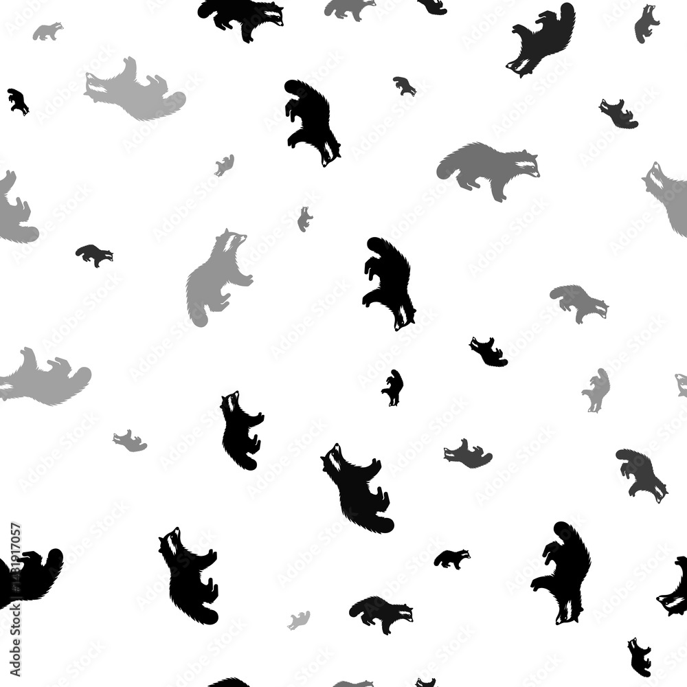 Poster seamless vector pattern with raccoon symbols, creating a creative monochrome background with rotated
