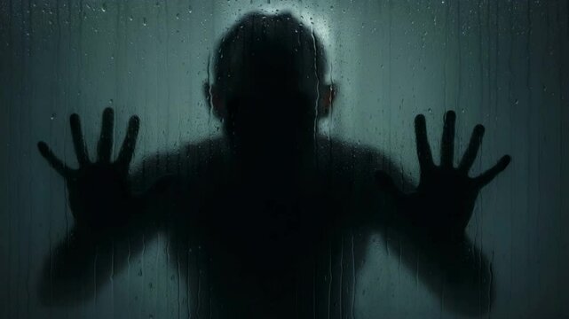 A creepy shadowy figure behind glass leaves streaks in a horror movie atmosphere. AI generative 4K video