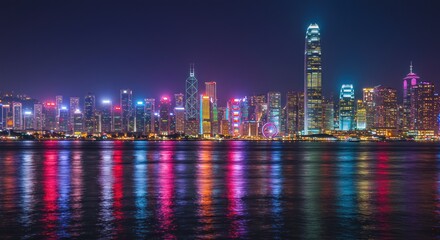 Obraz premium Spectacular Hong Kong Skyline at Night Reflecting on the Water Surface