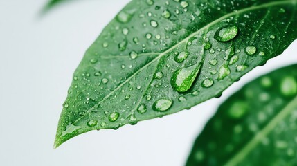 Close-up of fresh green leaves with water droplets.