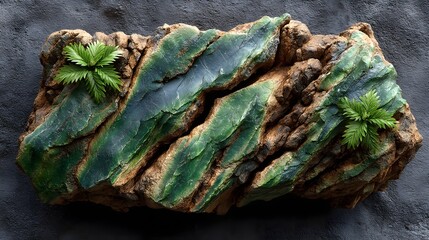 Natural edge marble sheet in green with earthy tones, with realistic surface grains and veins