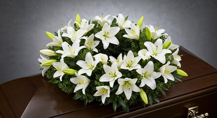 White lilies wreath placed on a coffin in a solemn setting  