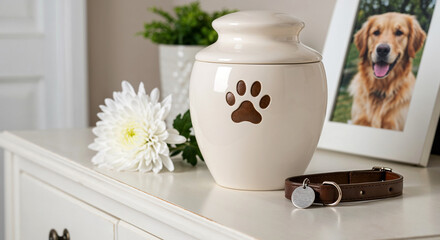 White ceramic dog urn with paw print and collar with name tag on dresser  placed on the bright dresser with a single white chrysanthemum,