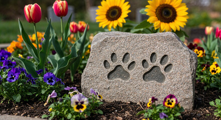 the square stone for two pets memorial with paw prints in the blooming flowerbed
