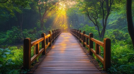 Obraz premium Sunlit wooden bridge through lush forest