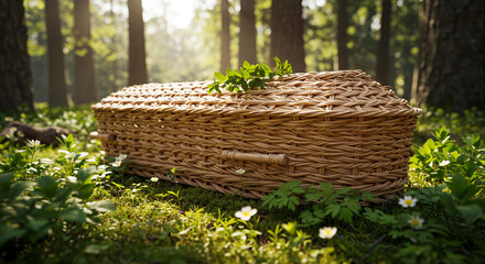  woven coffin made from natural fibers surrounded by fresh green leaves and wildflowers, in a peaceful forest - ecological green burial