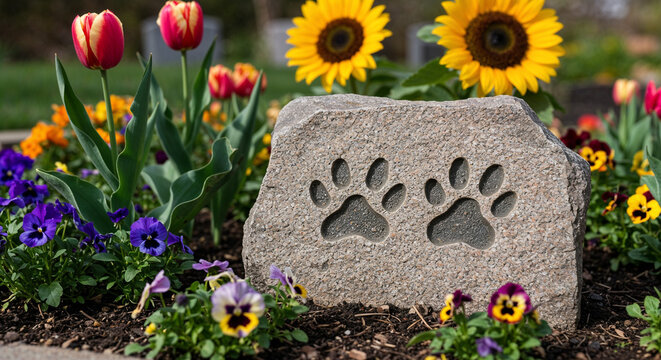 the square stone for two pets memorial with paw prints in the blooming flowerbed
