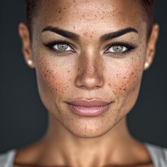 Obraz premium Captivating portrait of a confident woman displaying unique freckles, striking green eyes, and flawless skin illuminated by soft lighting in an artistic and intimate composition