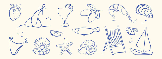 Italian summer set. Hand drawn doodle greek seafood, coast sea elements for placard, Italy menu, poster. Coastal Greece foods, oyster, olive, lemon, shell, shrimps, fish, bikini. Vector illustration.