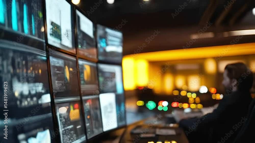 Poster A cybersecurity professional closely monitors multiple screens displaying data breaches and network activity.