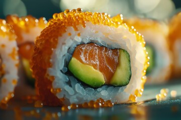 Colorful sushi roll with fresh ingredients.