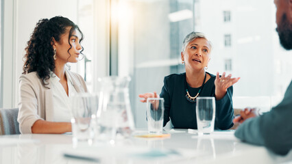 Business, employees and meeting with discussion in office for project funding, investment opportunity or negotiation. Financial investor, people and b2b collaboration with budget planning or feedback