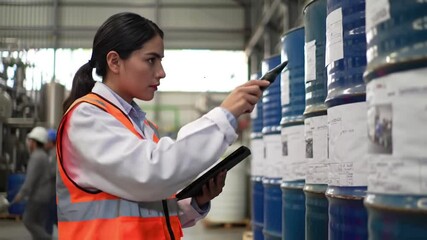 Latin American woman working at a chemical plant checking the labels on barrels and inventory on tablet - Manufacturing industry concepts - Powered by Adobe
