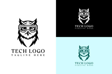 vector illustration of night vision goggles with owl, abstract, logo for database, cloud computing, ai vision, data science, data center, artificial intelligence, fintech, deep learning, and more