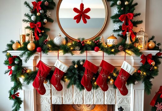 mantel decorated with stockings and christmas decorations