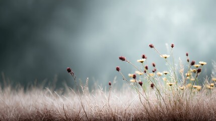 Serene Meadow: Delicate Wildflowers in a Misty, Dreamlike Landscape