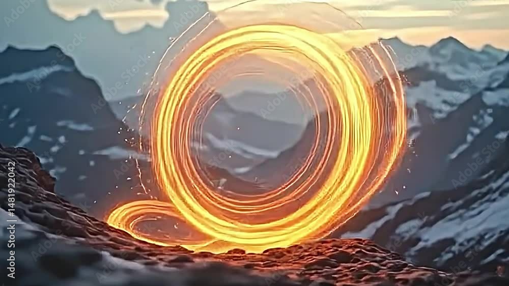 Fototapete scene of swirling vortex of glowing orange energy set against backdrop of majestic mountains. vibran