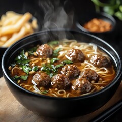 Delicious bowl of steaming meatball noodles.