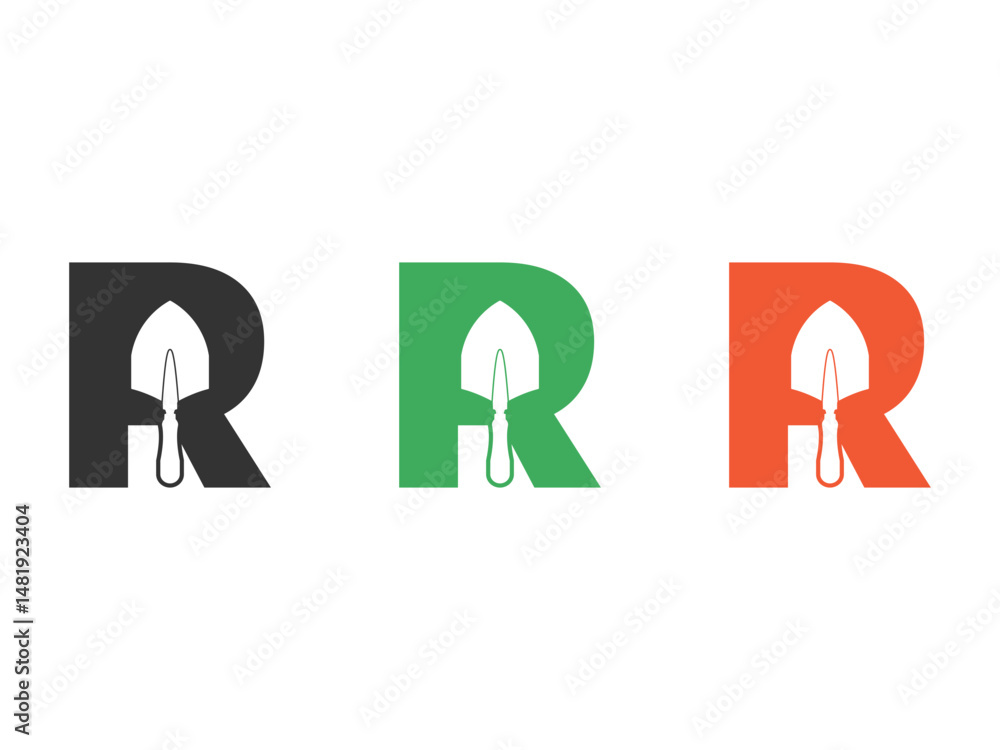 Poster initials letter r shovel tool symbol icon design vector isolated on transparent background