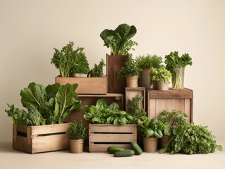 Freshly harvested vegetables and herbs displayed in wooden crates and pots on a neutral background