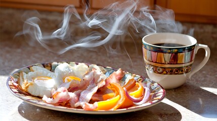 Fresh Breakfast with Eggs, Bacon, Peppers, and a Cup of Coffee