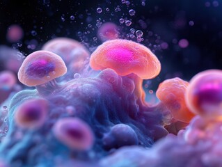 Obraz premium Colorful jellyfish illuminated in dark water showcasing vibrant hues and soft textures