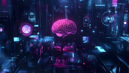 futuristic digital art, AI brain surrounded by floating holographic icons, cyberpunk colors, dark background