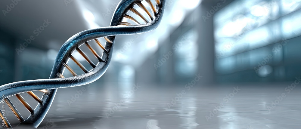 Poster a close-up of a dna double helix structure with a blurred, modern laboratory background.