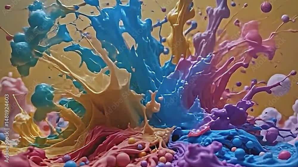 Aufkleber vibrant dynamic visual scene filled burst of colorful fluid-like shapes. background bright yellow cr