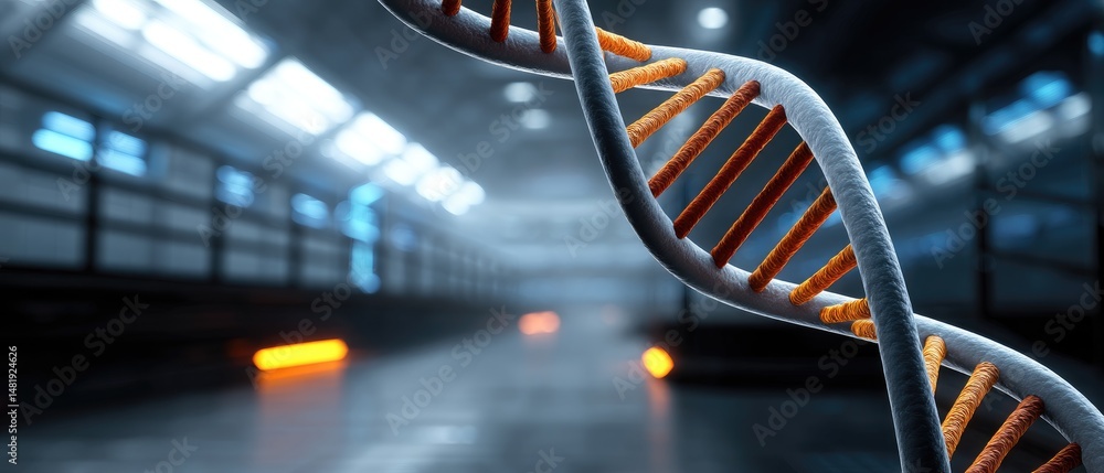Poster a close-up of a dna double helix structure set against a futuristic, high-tech laboratory background