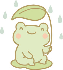 Kawaii Frog with Leaf Umbrella in the Rain