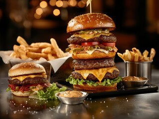 Delicious stacked burger with fries and a small cheeseburger served in a cozy restaurant setting at night