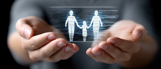 Hands gently hold a digital hologram of a family, symbolizing protection, technology, and care.