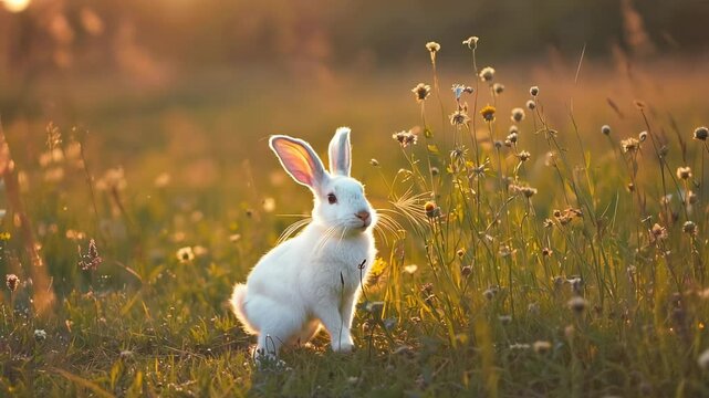 Springtime Rabbit at Sunset in a Flowering Meadow Perfect for Easter Visuals and Nature Themes Generative AI
