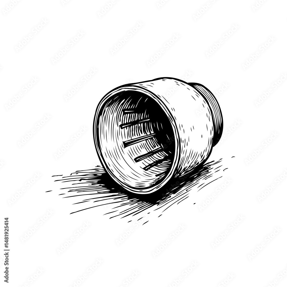 Poster monochrome illustration of a cylindrical object with linear striations and shadow