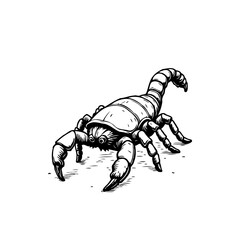Stylized scorpion illustration with intricate line work and striking contrast