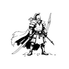 Illustration of a Fierce Warrior Armed with Swords Standing Stoically in Defense
