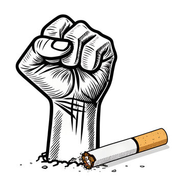 No Smoking Victory: A graphic, dynamic illustration dramatically depicts a raised fist emerging from the ground, triumphantly crushing a cigarette.