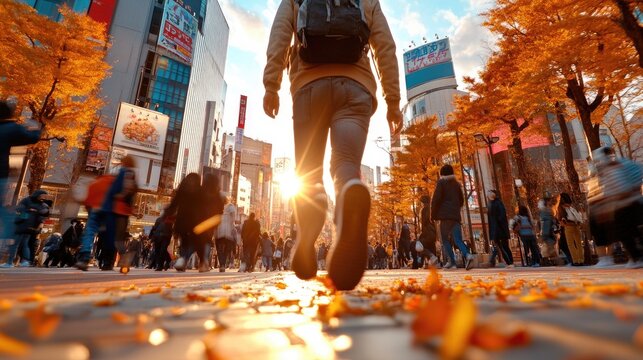 A busy city street where pedestrians move at different speeds, creating an exciting mix of clarity and motion blur. - Powered by Adobe