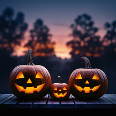 Glowing Jack-o'-Lanterns on Wood at Twilight – Halloween Pumpkins with Warm Candlelight Glow