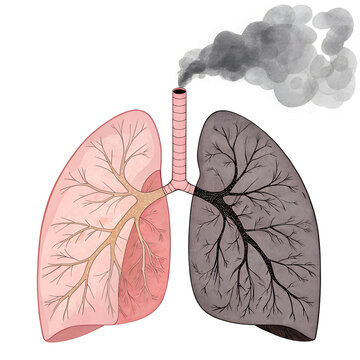 Pollution's Toll: A stark visual representation of the devastating impact of pollution on human lungs, with one side healthy and the other blackened by toxic air.