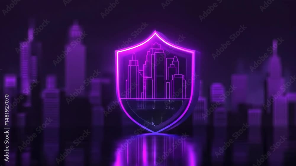 Poster cyber security shield protecting city skyline. digital building security with neon glowing outline. 