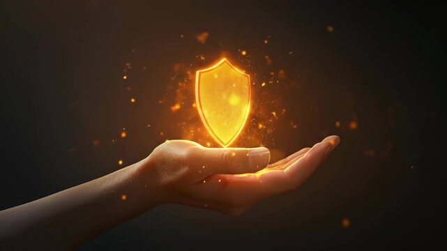 Hand holding glowing shield. Security concept for business data protection. Digital safeguard internet privacy. Cyber safety firewall and personal information defense.
