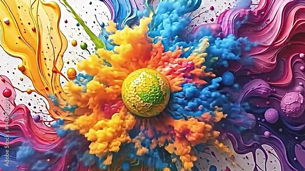 Fototapete vibrant dynamic composition of colorful fluid shapes that radiate outward from central green spheric