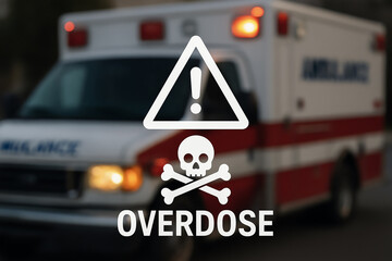 An ambulance illuminated with emergency lights, symbolizing urgency, juxtaposed with a warning about drug overdose. A stark reminder of a critical issue.