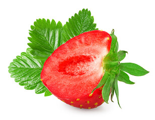Sliced strawberry with green leaves isolated on white background. macro. clipping path
