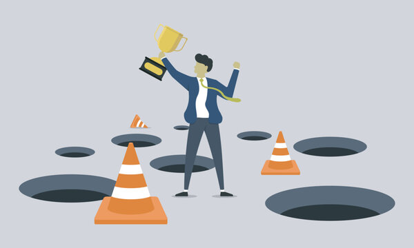 A Men who winning and succesfully through the trap, fail, disappointing, barrier, and obstacle while holding a goldencup. achievement winning for business, plan, succesed, and finance. presentation.